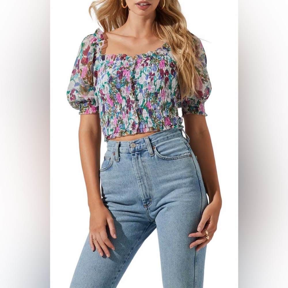 ASTR The Label Smocked Floral Crop Top Multicolor Puff Sleeve Ruffle | S